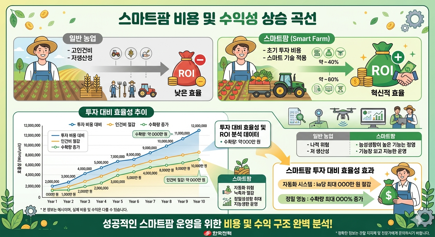 스마트팜 비용 및 수익성 상승곡선을 보여주는 인포그래픽