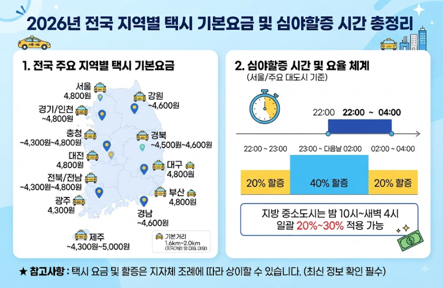 택시 기본요금 및 심야할증 시간