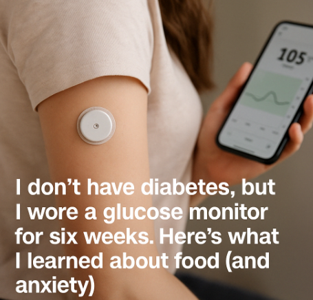 CGM을 착용한 비당뇨인이 스마트폰 앱을 통해 혈당을 확인하는 모습의 일러스트