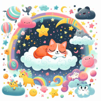고양이가 구름 속에서 별과 무지개를 보며 잠을 자고 있다.