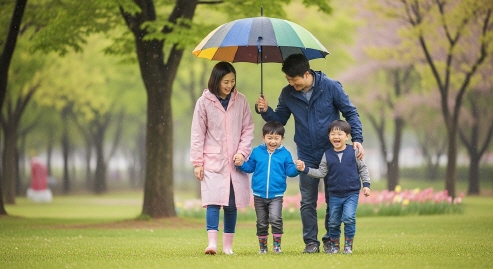 비 오는 날 우산을 든 가족의 안전한 모습
