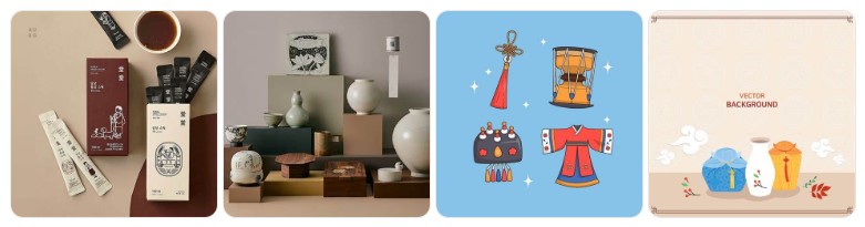 한국 전통 건강식품, 공예품, 일러스트와 함께한 전통 디자인 이미지