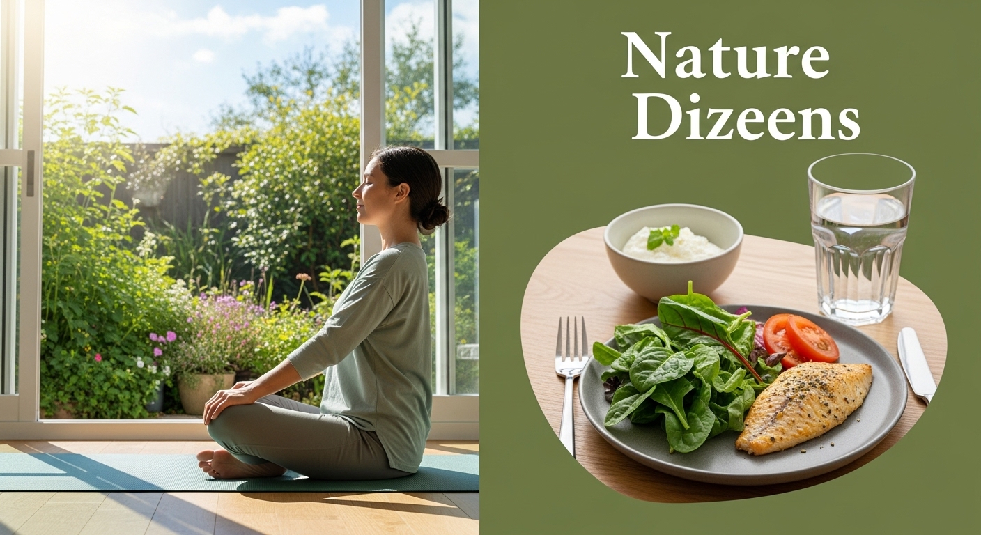 이석증 예방과 관리를 위한 건강한 생활 습관을 보여주는 시각적 요소들 (스트레칭, 건강한 식단, 햇빛).