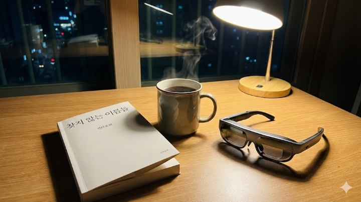늦은 밤, 스탠드 조명 아래 놓인 책과 김이 모락모락 나는 머그잔, 그리고 벗어둔 AR 글래스