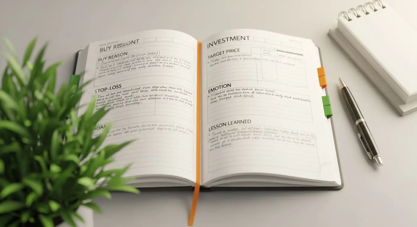매수 이유, 목표가, 손절가, 감정 기록 등이 상세히 적힌 투자 일지 이미지로, 체계적인 투자의 중요성을 상징합니다.
