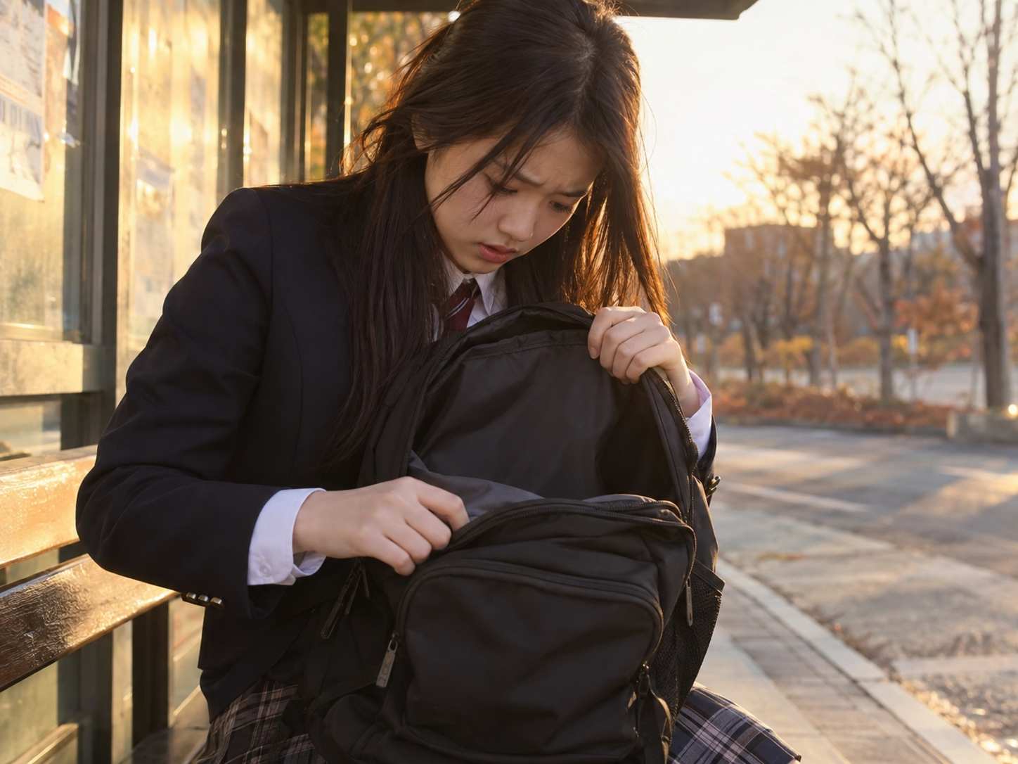 열린 가방과 주머니를 확인하며 보이지 않는 휴대폰을 찾는 손