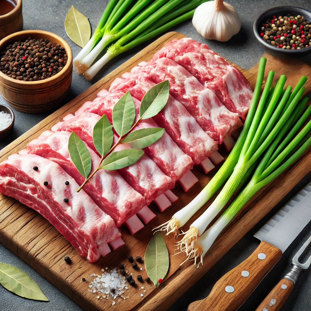 🛒 돼지갈비 준비 재료 (2~3인분 기준)
🥩 주재료
돼지갈비 1.2kg (등갈비 또는 갈비살)
물 1L (핏물 제거용)
대파 1대 (끓일 때 사용)
월계수 잎 2장 (잡내 제거용)
통후추 1작