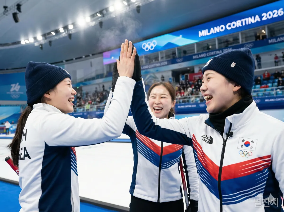 경기 중 샷 성공 후 하이파이브를 하며 환호하는 대한민국 여자 컬링 대표팀 선수들