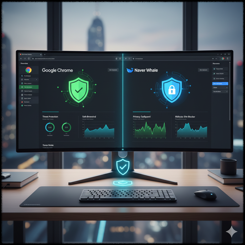 크롬과 웨일 브라우저가 보안 위협을 차단하는 이미지