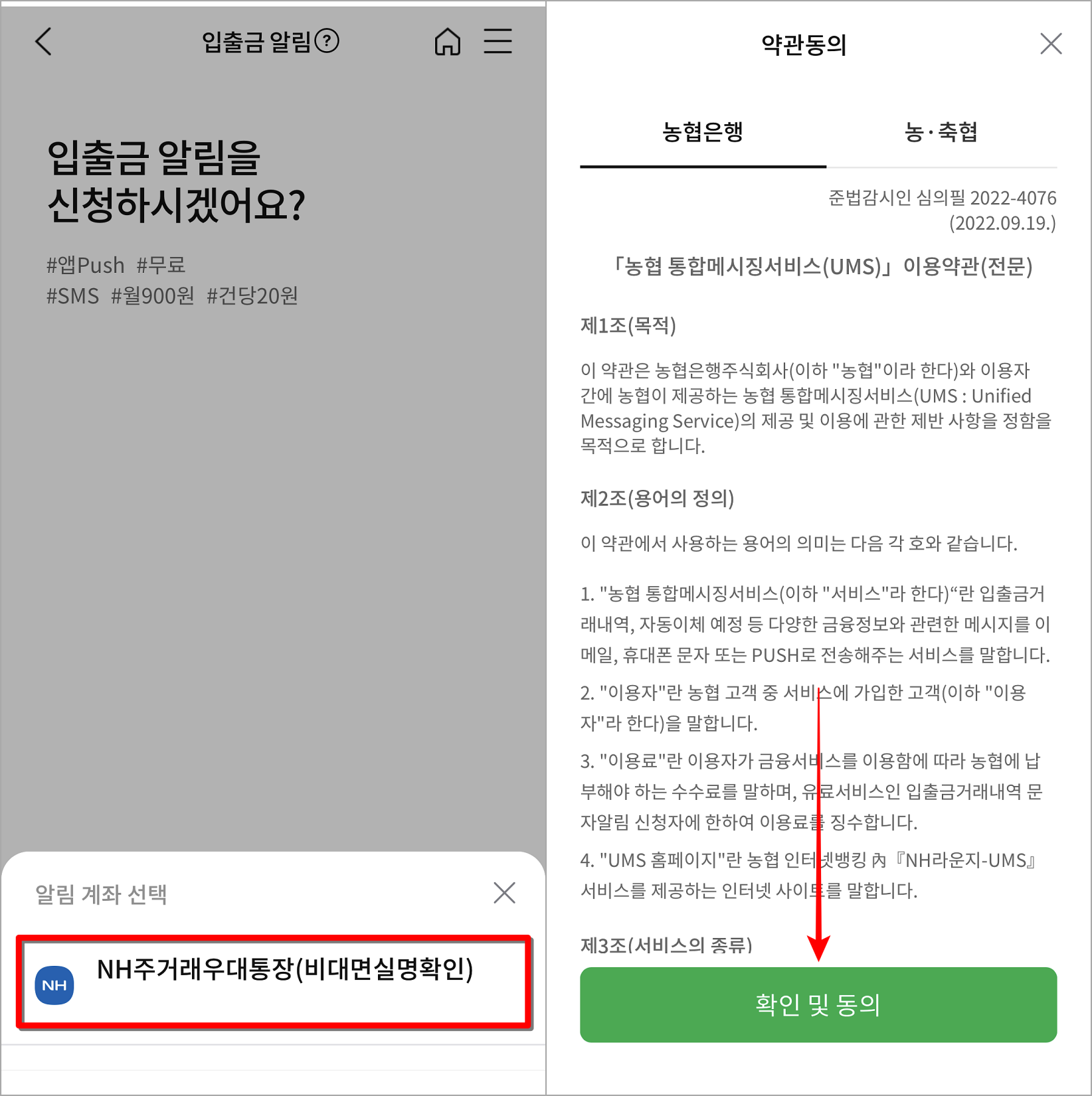 신청할 계좌를 선택하고, 약관을 확인한 뒤, 동의 진행
