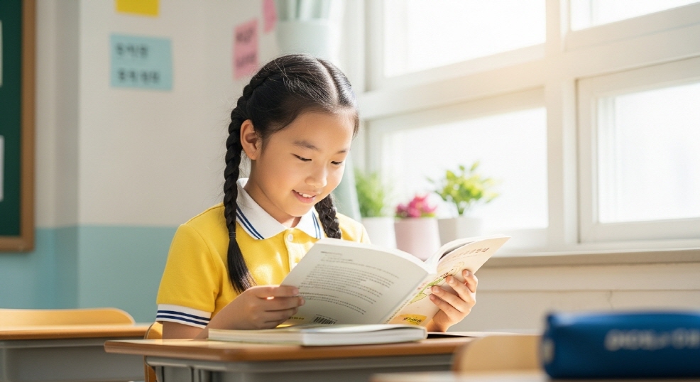 창가에 앉아 책을 읽는 초등학생