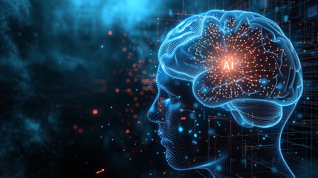 푸른 빛의 디지털 뇌와 인간의 프로필이 겹쳐진 이미지. AI라는 텍스트가 뇌 중심에 떠 있으며, 인공지능과 인간 사고의 연결을 시각화함.
