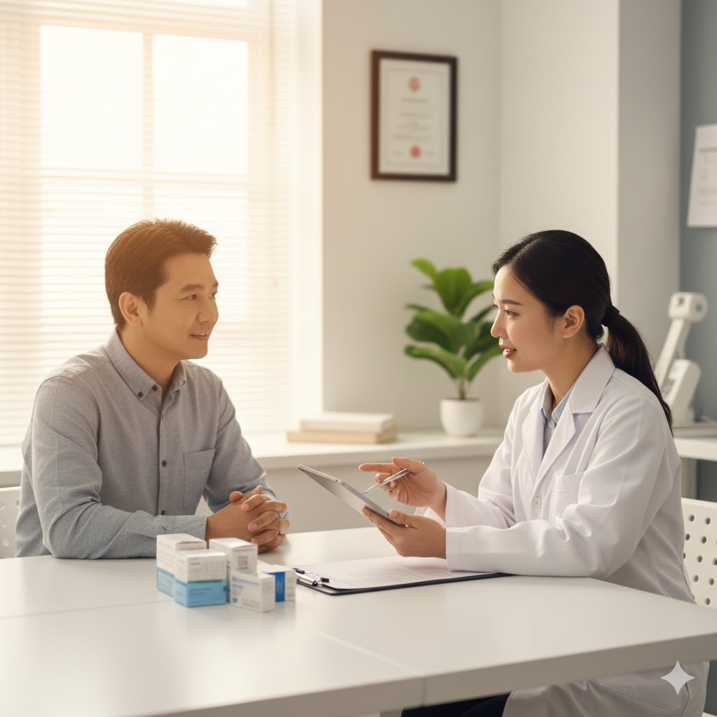 병원에서 IBS 치료 상담받는 환자