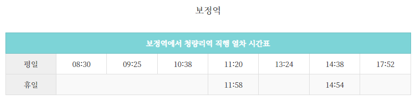 보정역에서 청량리행 직행 열차 시간표