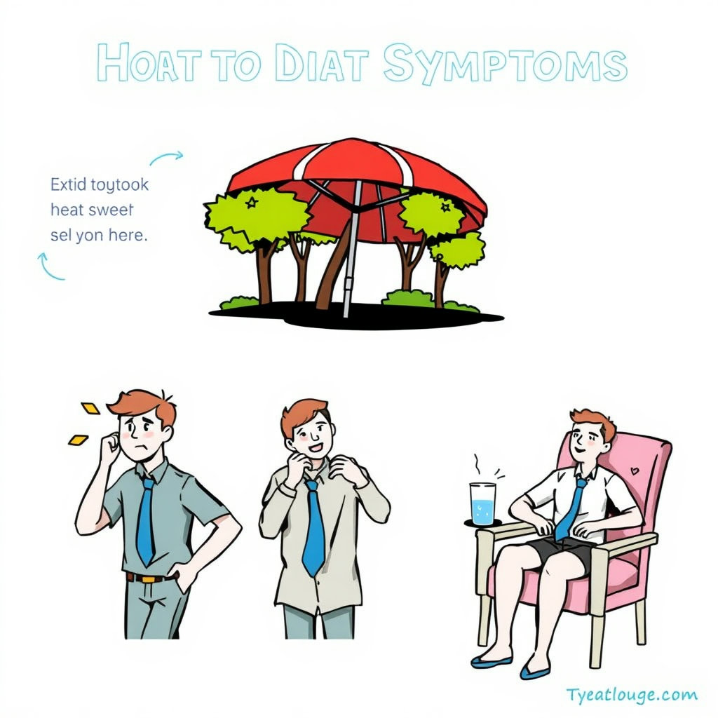 힘든 표정의 사람이 시원한 그늘로 이동하는 모습, 넥타이나 옷을 느슨하게 푸는 모습, 의자에 앉아 휴식하는 모습 등 단계별 대처를 보여주는 만화 형식이나 인포그래픽으로 구성합니다.