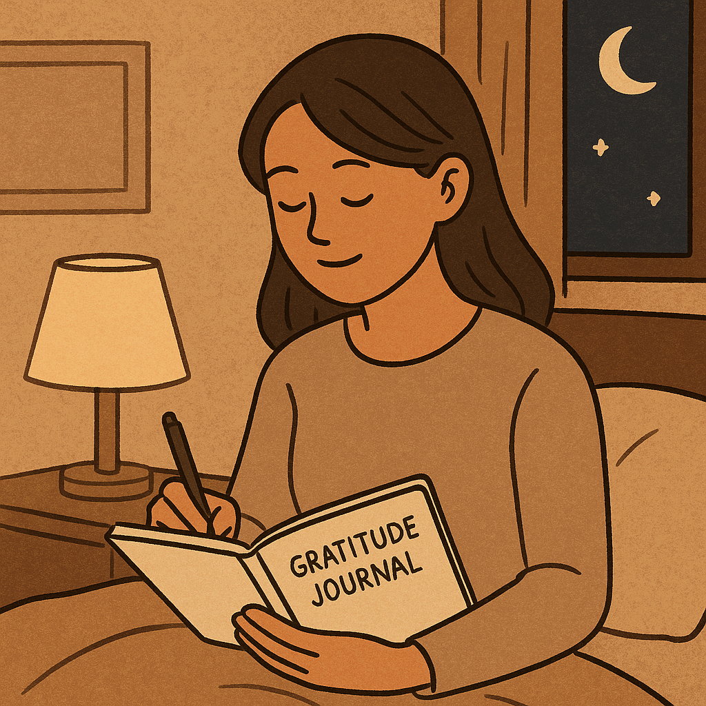 밤에 자기 전에 침대 맡에 앉아 하루를 정리하며 감사 일기를 쓰는 여성