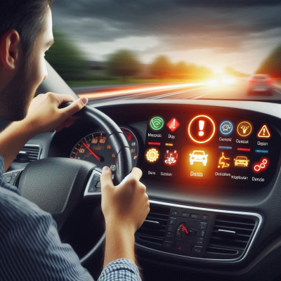 주행 중 경고등이 켜진 자동차 내부