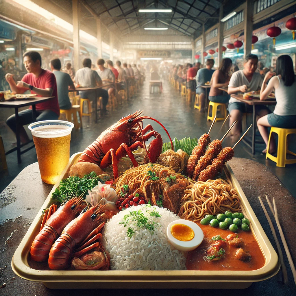 다양한 싱가포르 로컬 음식이 담긴 플라스틱 트레이, 호커센터 테이블에서 음식을 즐기는 모습