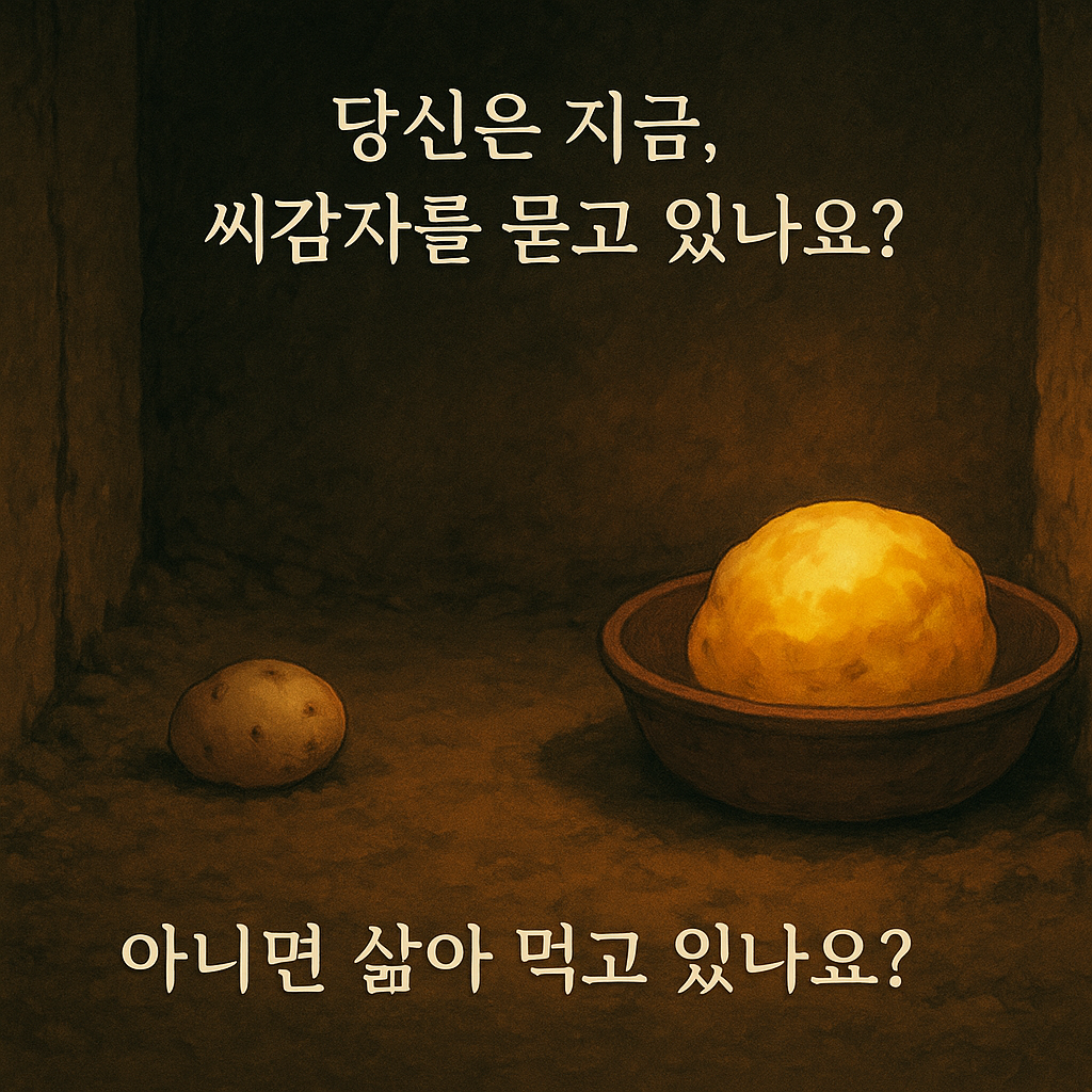 &ldquo;당신은 지금, 씨감자를 묻고 있나요?
아니면 삶아 먹고 있나요?&rdquo;