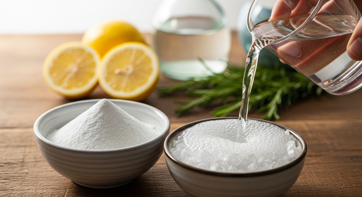 베이킹소다와 구연산 가루가 담긴 그릇 옆에서 물이 부어지며 거품이 나는 모습.