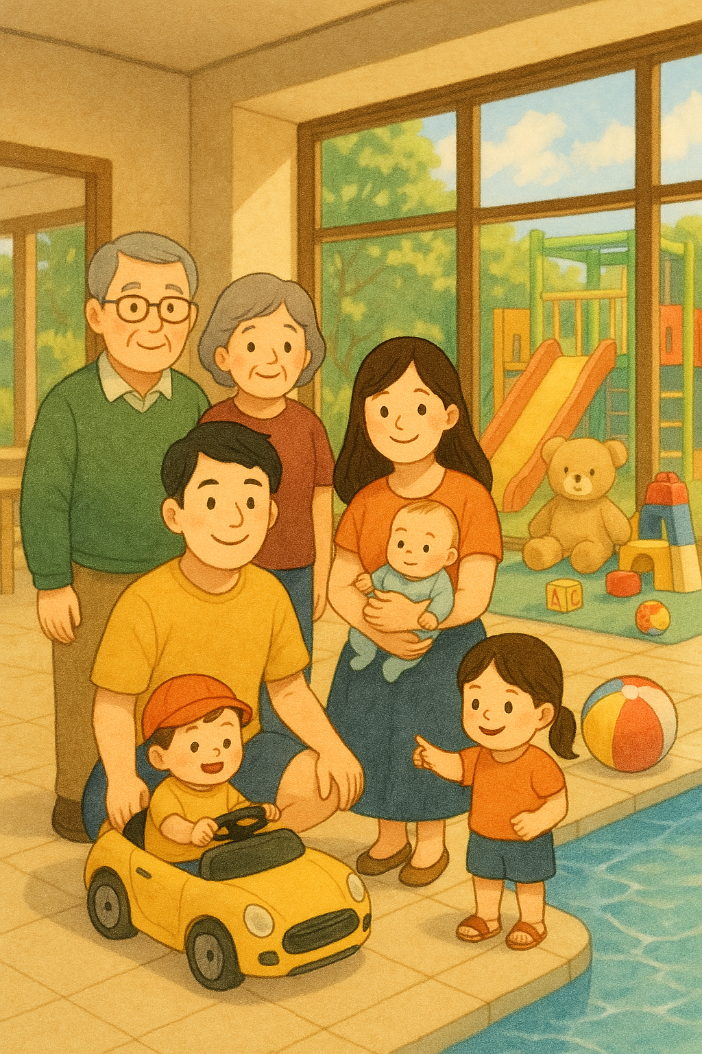 풀빌라에서 가족이 함께 있는 일러스트(출처: 챗GPT)