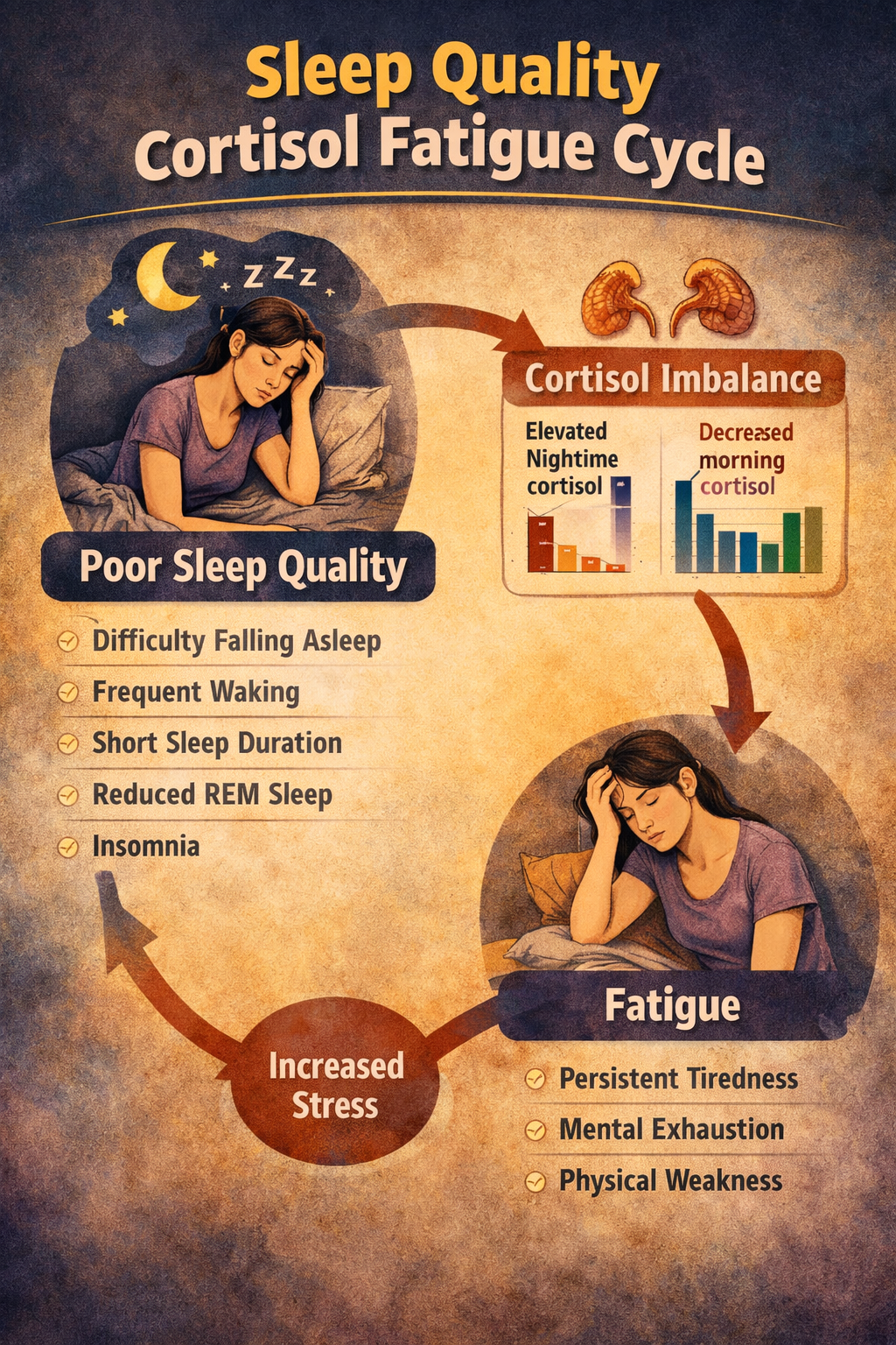 수면 부족 코르티솔 상승 만성 피로 악순환 메커니즘 — 40대 에너지 저하