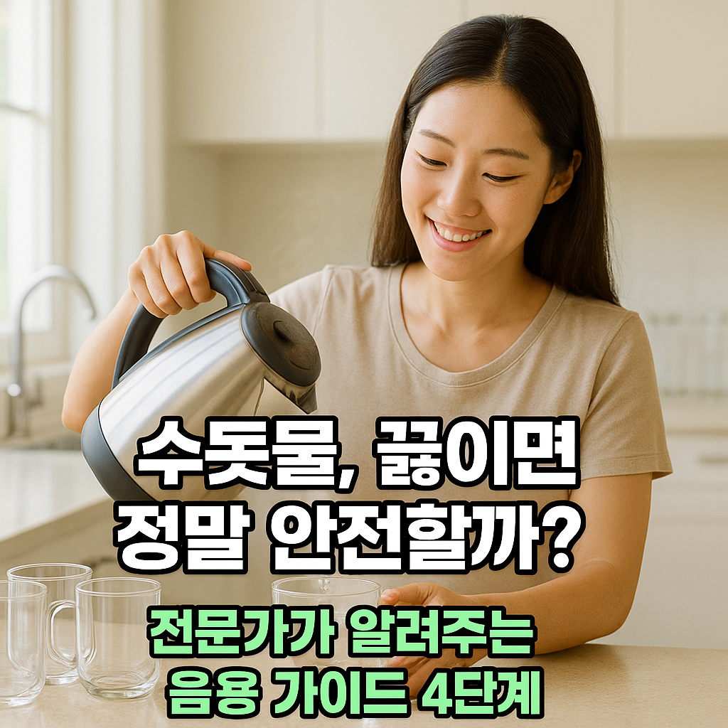 전기주전자로 뜨거운 물을 따르며 미소 짓는 여성