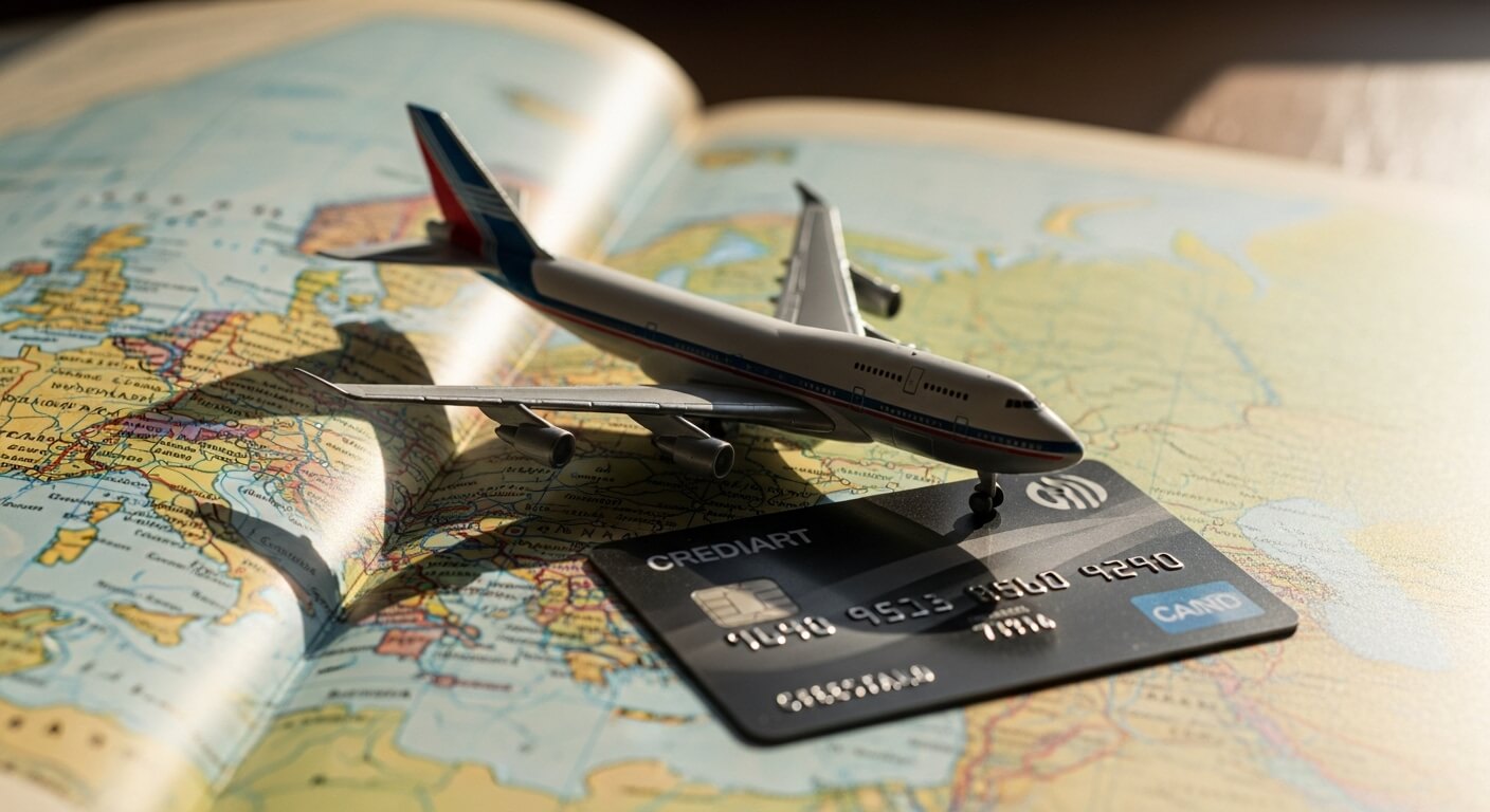 지도 위에 신용카드와 비행기 모형이 놓인 장면