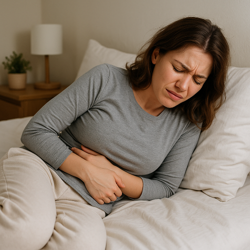 위염으로 복통을 겪으며 침대에서 배를 부여잡고 있는 여성