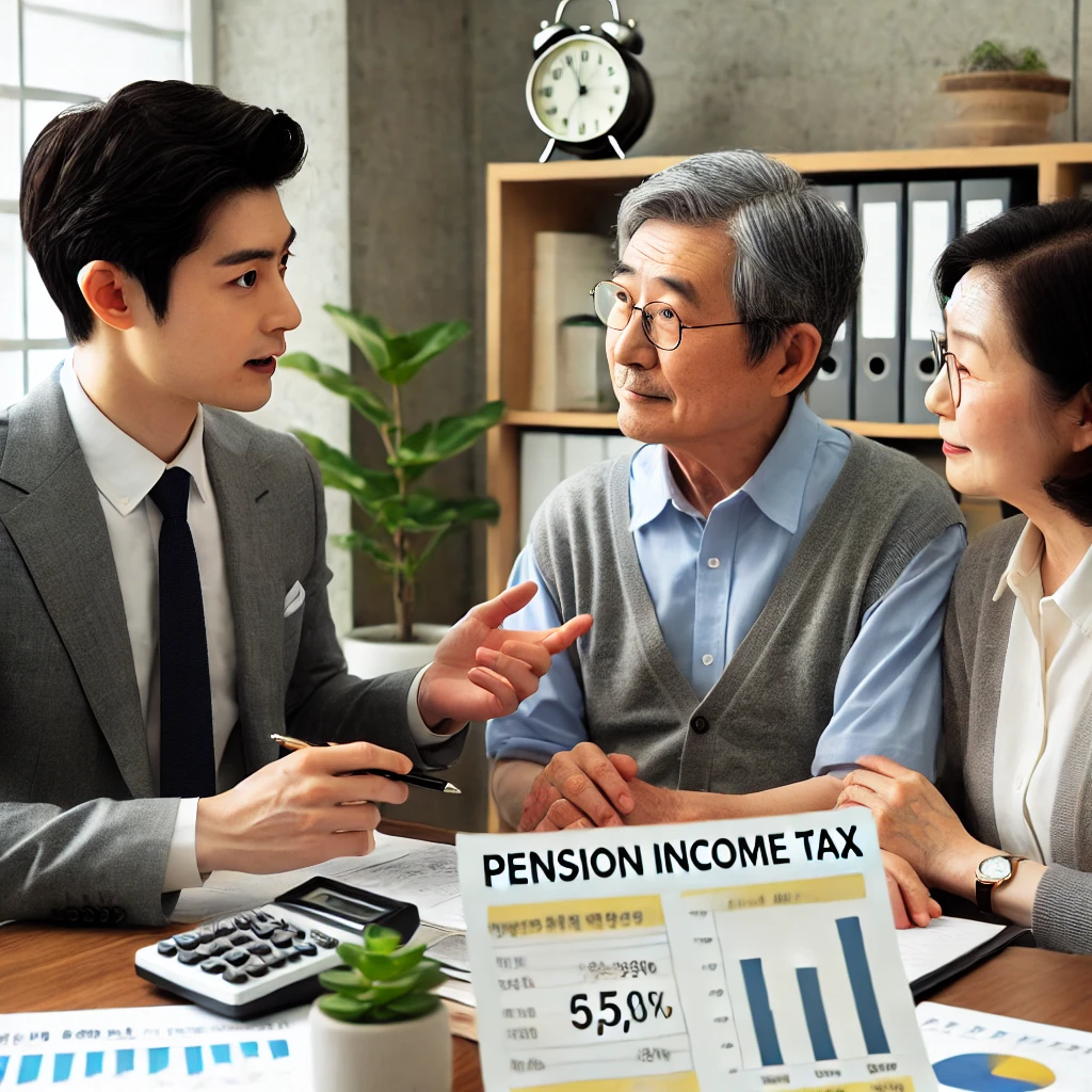 노년 부부와 연금 소득세에 대해 논의하는 재무 상담사