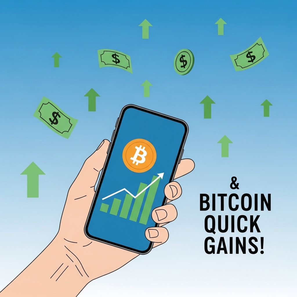 비트코인 차트가 그려진 스마트폰을 들고 있는 손과 상승하는 화살표, 돈이 날아다니는 썸네일 이미지