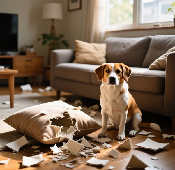 거실에 뜯어진 쿠션이 있고 그 옆에 강아지가 앉아 있다.