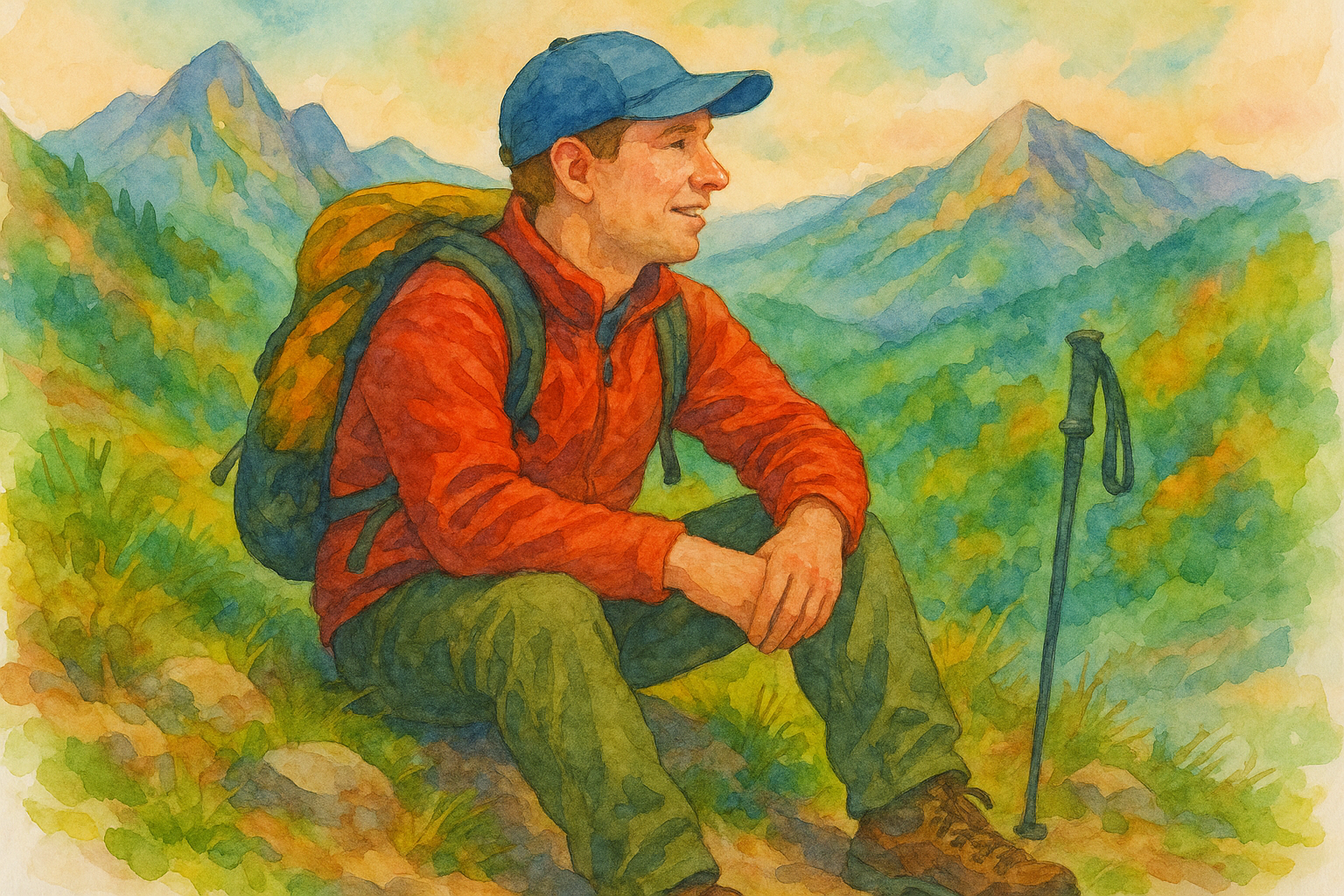 산 속에서 잠시 휴식을 취하는 등산객