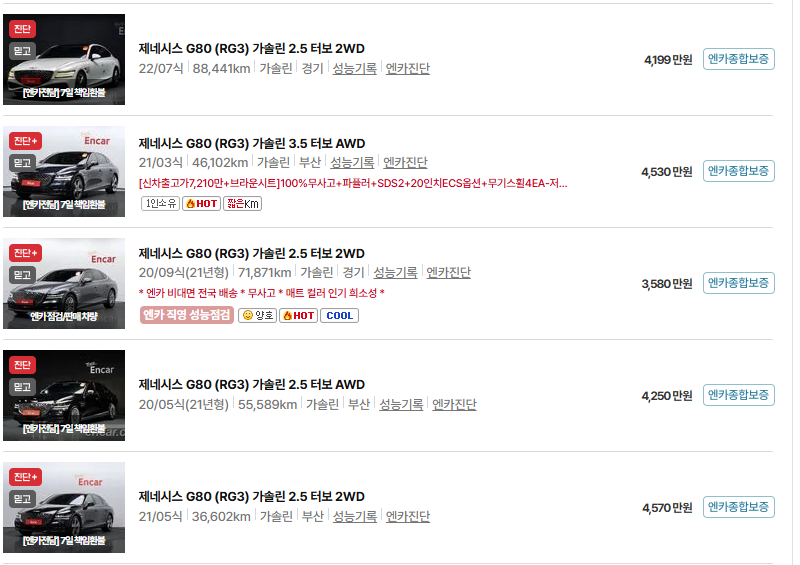 제네시스 G80 중고차 가격 시세표 유지비