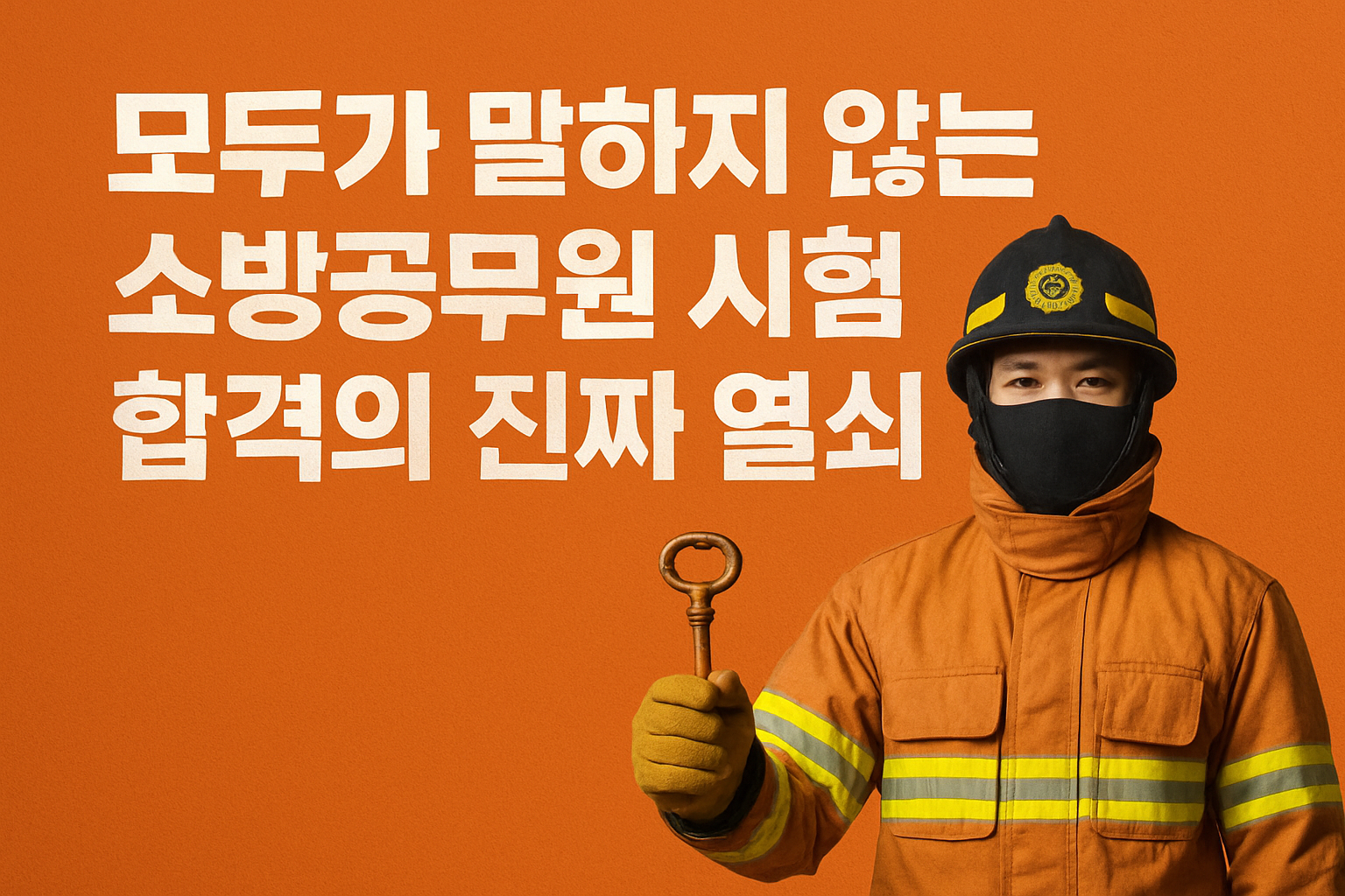 소방복을입은소방관이구식열쇠를들고정면을응시하는모습-주황색배경에-모두가말하지않는소방공무원시험합격의진짜열쇠-라는한글문구가크게쓰여있음