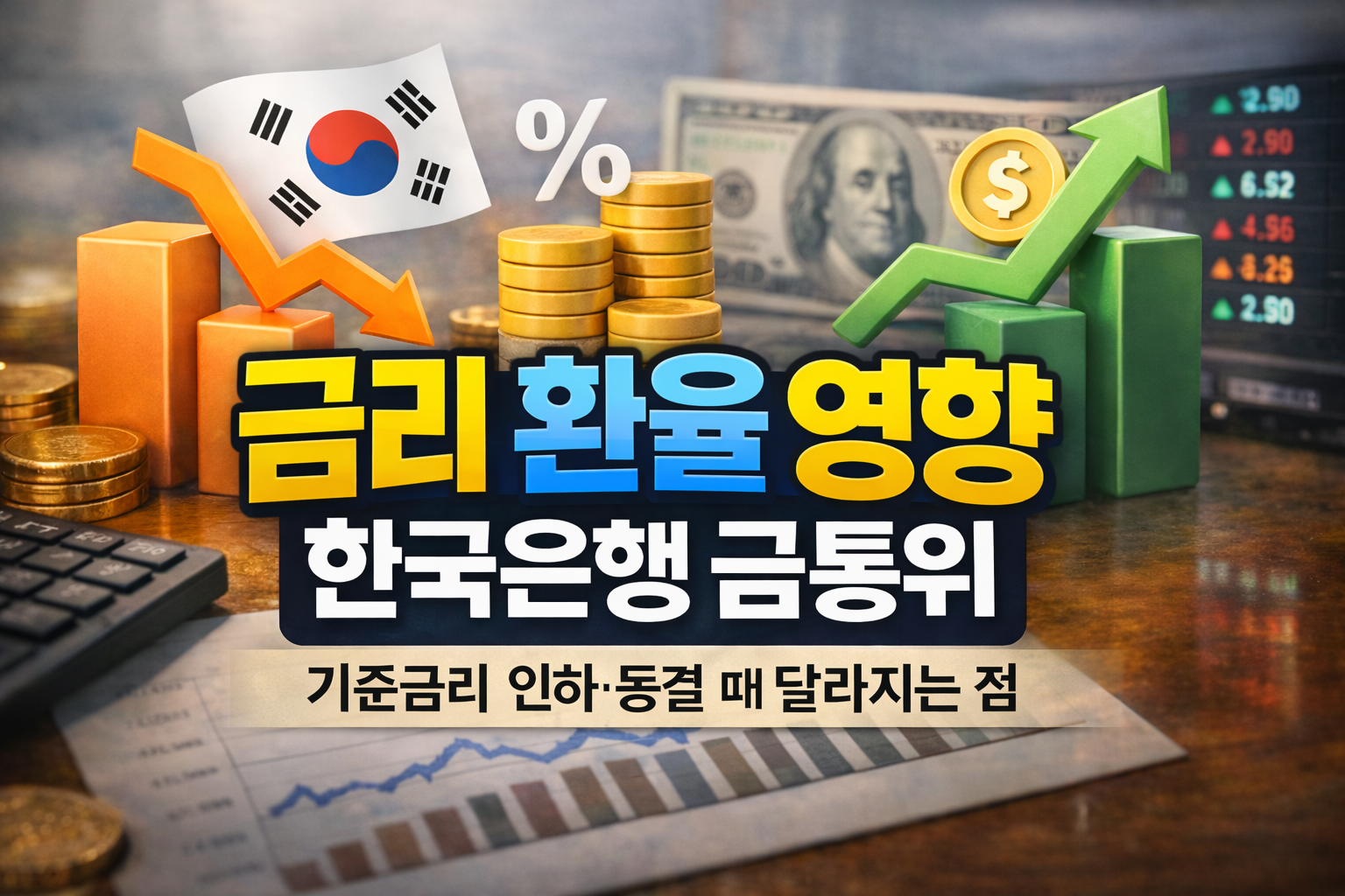 한국은행 금통위가 예금금리 대출금리 환율에 미치는 영향과 기준금리 인하 동결 때 달라지는 점을 표현한 금융 썸네일 이미지