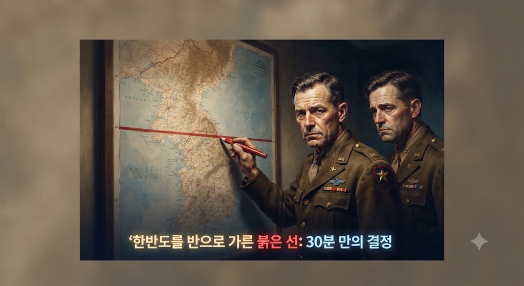 1945년 워싱턴 D.C.의 미군 작전실을 배경으로, 미군 대령 두 명이 벽에 걸린 한반도 지도 위에 붉은색 잉크로 38도선을 긋는 모습을 극적으로 표현했습니다. 지도 위에는 '38선'이라는 글씨와 함께 '30분 만에 그어진 선'이라는 한글 텍스트를 넣어 충격적인 탄생 배경을 강조했습니다.