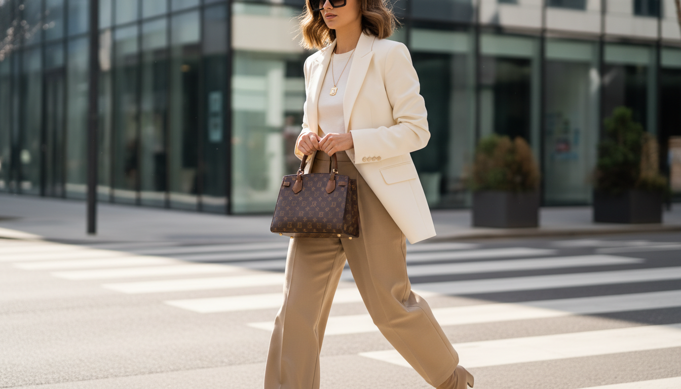 도심 속에서 루이비통 알마 BB를 들고 있는 세련된 여성의 모습