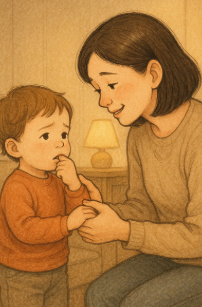 손을 빠는 아이의 손을 부드럽게 감싸며 공감해주는 엄마