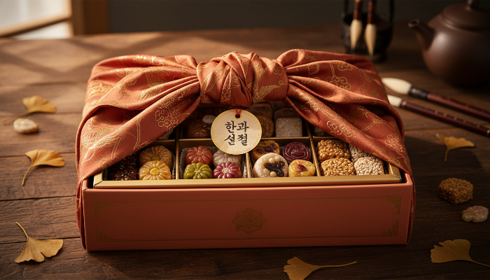 전통 보자기와 세련된 패키지로 포장된 고급스러운 한과 선물 세트