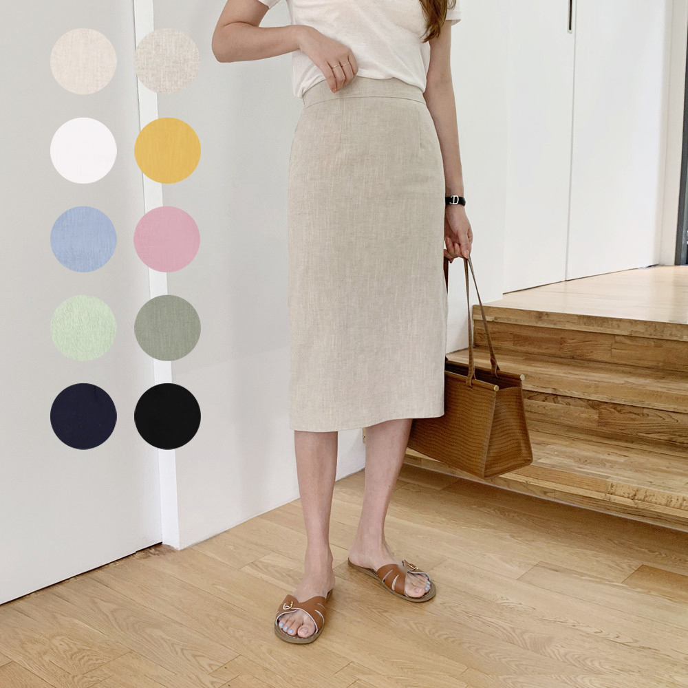 하이웨스트 린넨 스커트 슬릿 옆트임 H라인 스커트 펜슬 여름 롱 스커트 여성 밴딩 치마