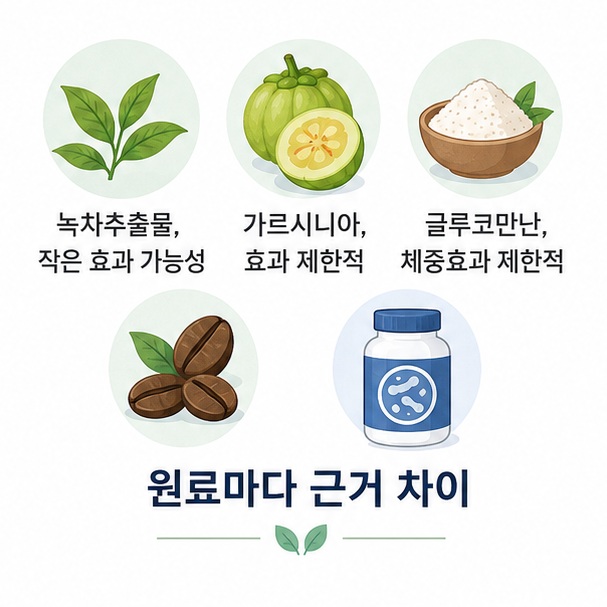 녹차추출물과 가르시니아, 식이섬유와 그린커피빈 등 대표적인 체중관리 성분은 연구 근거와 기대할 수 있는 효과가 서로 다름을 보여 주는 그림