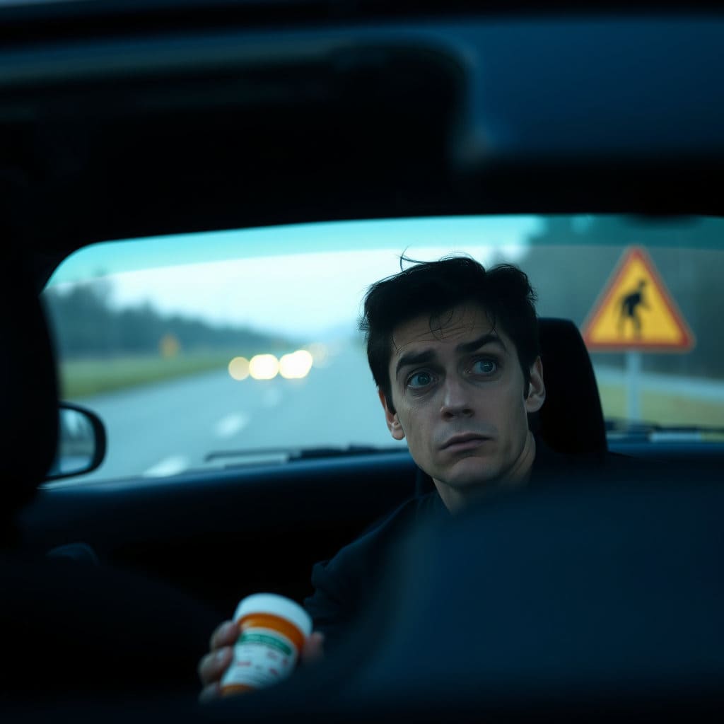 약물이 운전자의 인지 능력과 시각에 미치는 부정적인 영향을 표현합니다. 이는 운전 중 판단력 저하로 이어질 수 있음을 암시합니다.