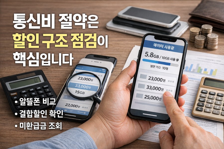 알뜰폰 비교, 결합할인 확인, 통신 미환급금 조회를 통해 매달 통신비를 절약하는 현실적인 방법을 보여주는 이미지입니다.