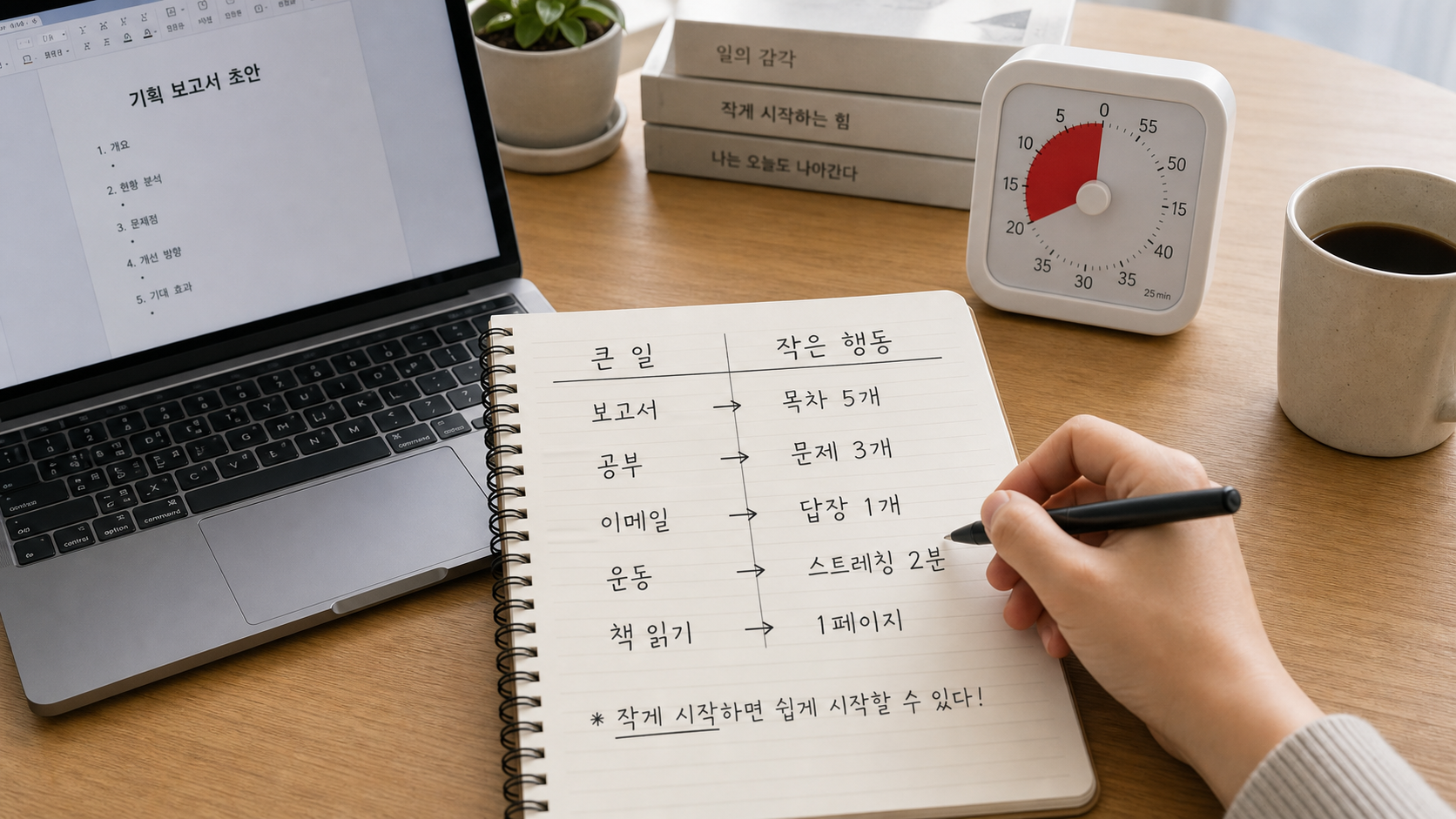 25분 타이머 전에 큰 작업을 작은 첫 행동으로 바꾸는 장면
