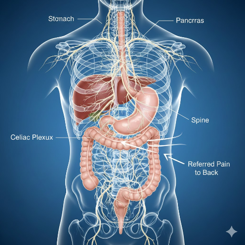 췌장의 해부학적 위치와 등 신경의 연관성을 보여주는 그림