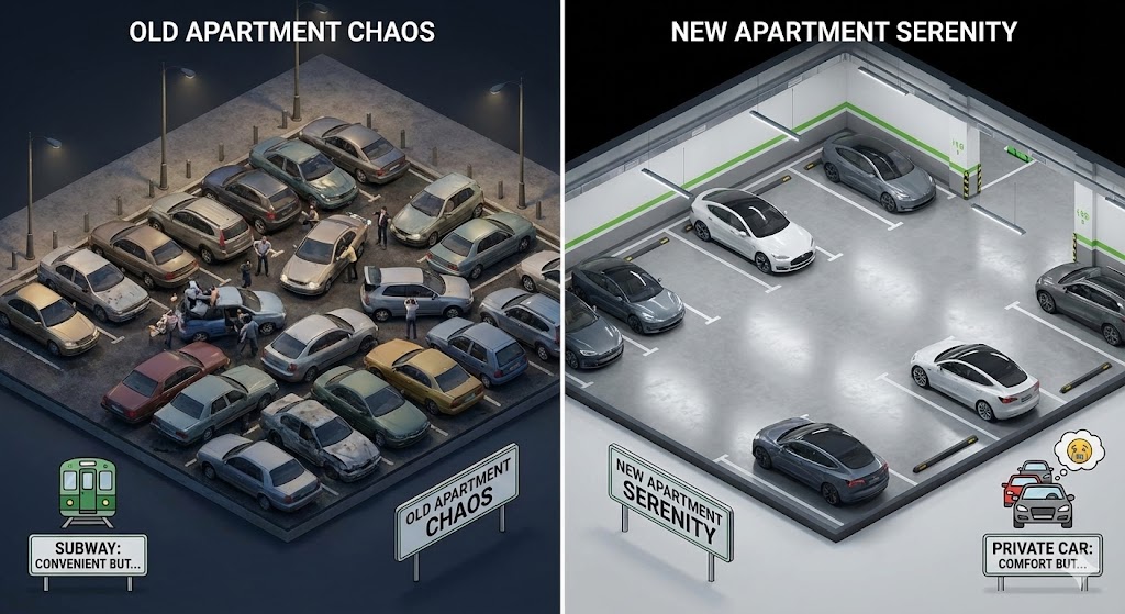 구축 아파트의 주차 전쟁과 신축 아파트의 쾌적한 지하 주차장 비교 일러스트, 대중교통 편의성과 교통 체증 아이콘 포함