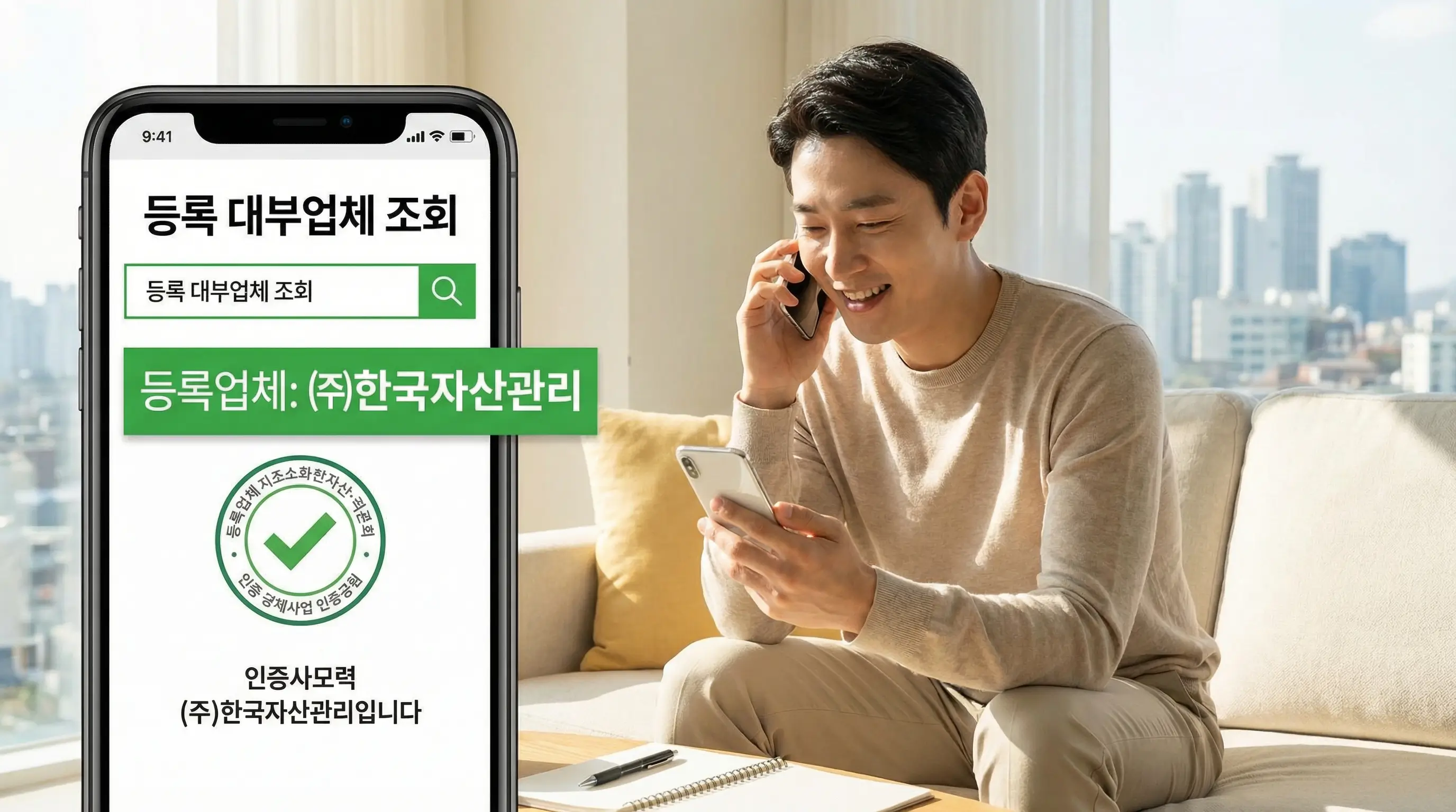 스마트폰으로 대부업체 등록증을 조회하고 안전한 정식 업체와 상담을 진행하는 안도하는 모습