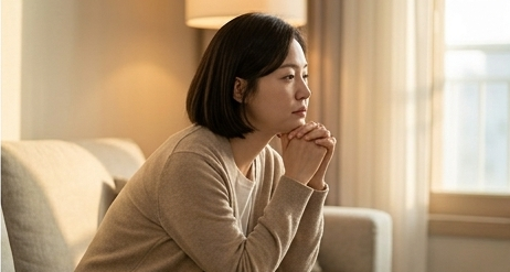 소파에 앉아 두 손을 모으고 잠시 생각에 잠긴 30대 엄마의 옆모습