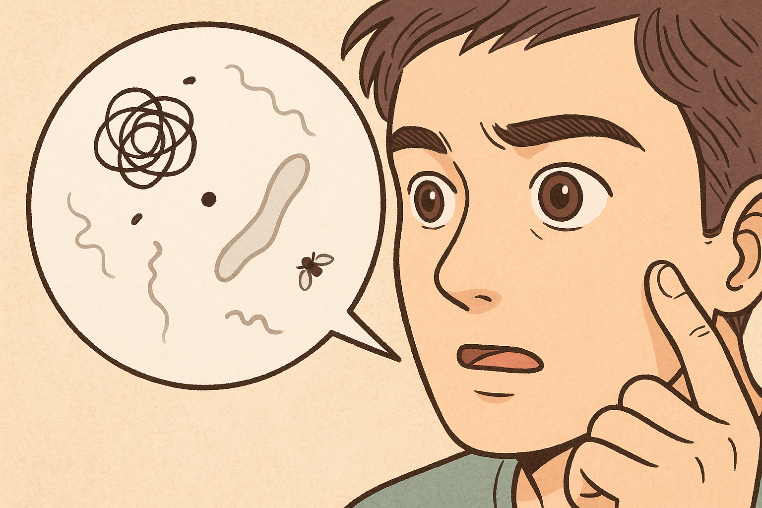 눈앞에 비문증 증상을 느끼는 남성이 다양한 모양의 그림자를 지켜보는 장면의 일러스트